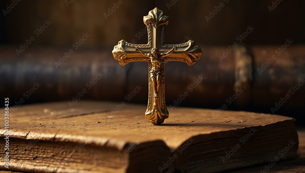 Poster a golden cross rests on an open book on a rustic wooden surface, bathed in soft light.