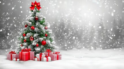 Christmas tree with gifts on snow background, silver gray color palette
