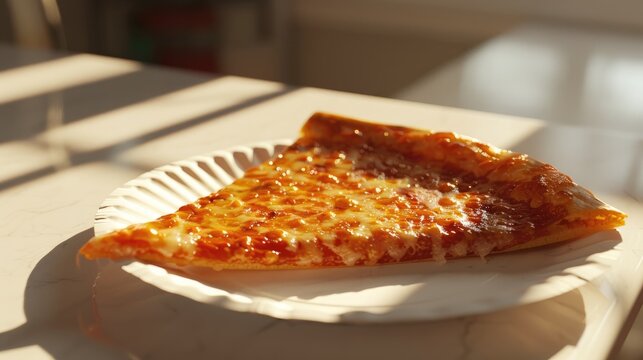 Close up of Greasy Pizza plain Cheese on a paper plate sitting on a white table