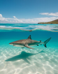 Fototapeta premium A solitary shark gliding through crystal-clear turquoise waters near the shoreline, illustrating the serene yet powerful presence of marine life in nature 
