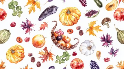 Cornucopia filled with autumn fruits and vegetables on white background, drawing pattern