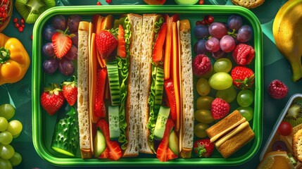 Healthy kids school lunch box without nuts Filled with nutritious allergy friendly rainbow foods wholemeal sandwich biscuits capsicum cucumber grapes strawberries in a green lunchbox