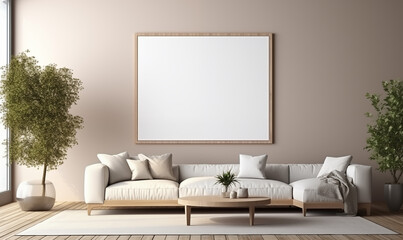 **mock up poster frame in modern interior background, living room, Scandinavian style, 3D render, 3D illustration. include floor carpet 