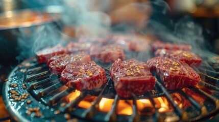 Raw beef slice for barbecue japanese style yakiniku meat are being cooked on stove in Japanese restaurant