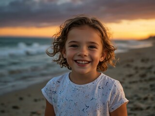 A joyful child smiles against a beautiful beach sunset, with soft ocean waves in the background.