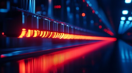 Fototapeta premium Food conveyor belt in an advanced AI facility, holographic projection identifying product defects, sleek futuristic machinery, Sci-Fi, Neon Blue, Digital Render
