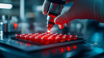 AI-controlled machines testing different food items with laser precision in a sleek, sterile environment, Futuristic, Cool tones, High-tech, Photo-realistic