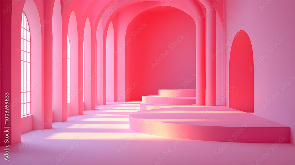 Canvas Prints Pink Arches and Platforms: Minimalist 3D Design