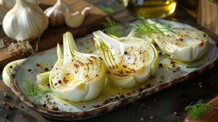 Organic Baked Fennel Bulbs with Salt and Pepper Fennel dish with olive oil