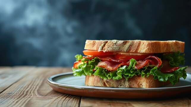 Homemade BLT Sandwich Bacon Lettuce and Tomato on a Plate side view Copy space