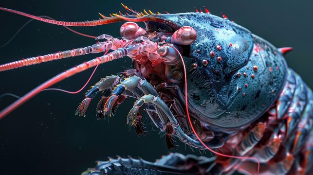 Head carapace of giant freshwater prawn or Macrobrachium rosenbergii or udang galah sepit biru Antennae to tail eating Sucking the juice from a prawn head is a real delicacy Zero waste leftover