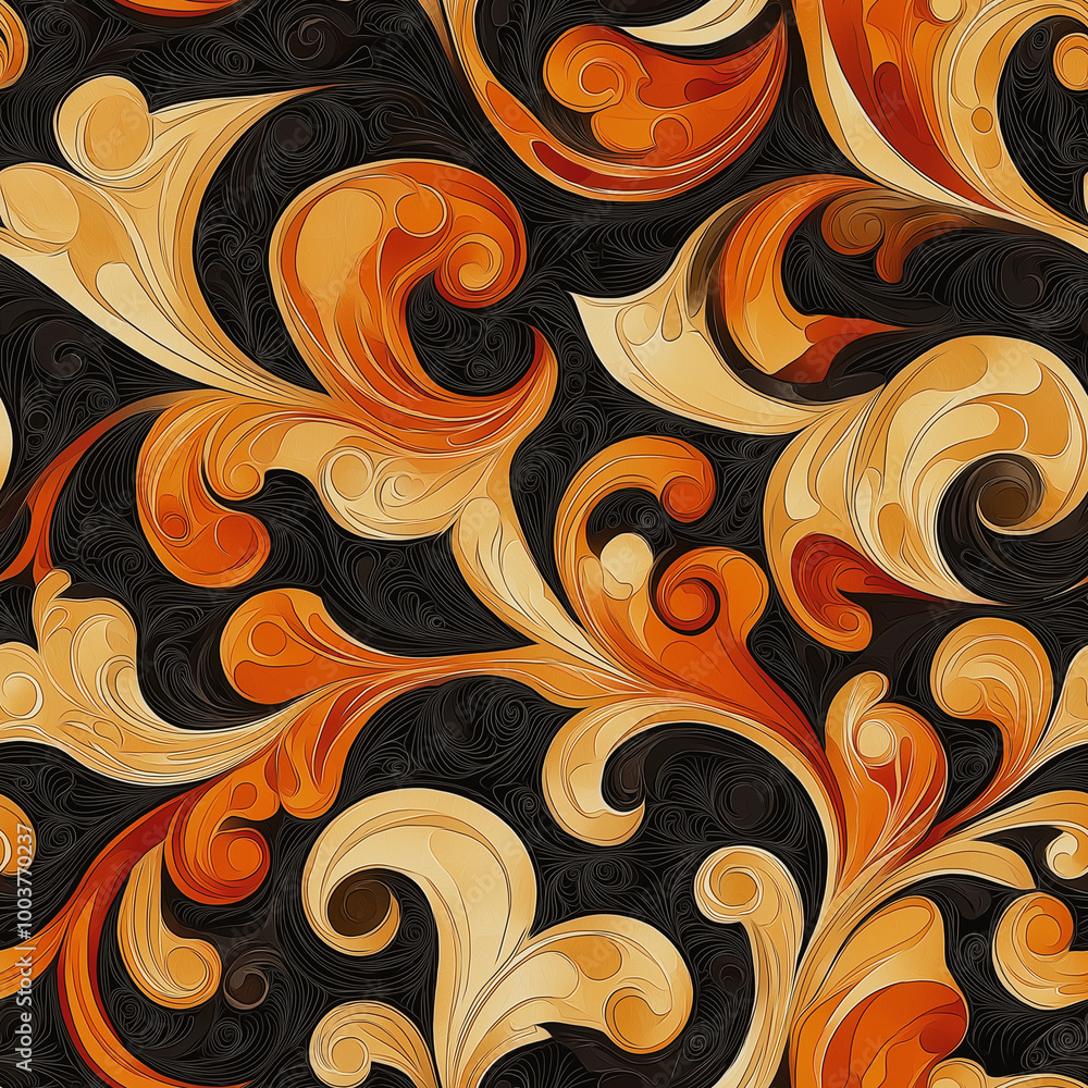 Wall mural illustrate a seamless batik pattern featuring dynamic swirls and curves