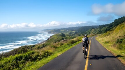 A person cycling along a scenic coastal road, promoting eco-friendly transportation and outdoor activities
