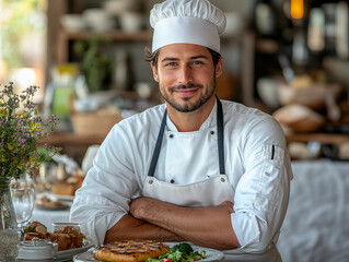 A chef posing confidently in front of a beautifully set dining table, with a clear area for copy space