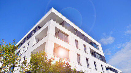 Eco apartment building saving energy and fresh air concept. European residential architecture...