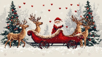 Sierkussen Pixel art Santa sleigh with reindeer, white background, red hearts and Christmas trees, knitwear effect, minimal and festive pattern.