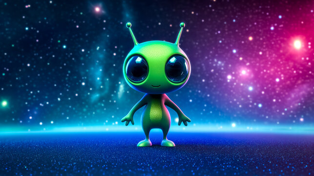 Cute alien standing on an alien planet with stars background