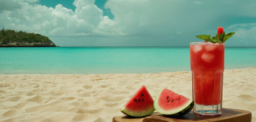 Watermelon cocktail on beach with turquoise sea and cloudy sky