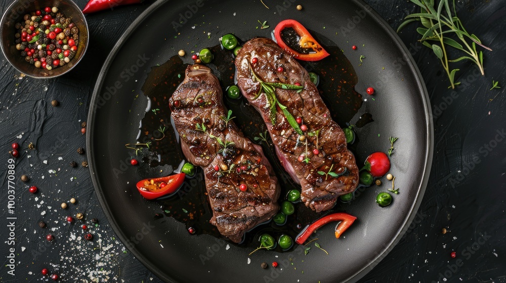 Poster steak beef beef steak with pepper aromatic herbs and sauce fried beef fillet steak with peppers and 