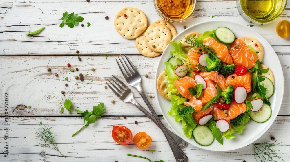 Aufkleber healthy easy leftover salmon salad served with fresh vegetables and crackers on white plate on white