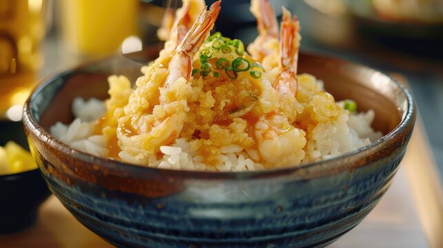 bowl of rice topped with shrimp tempura with egg drop sauce