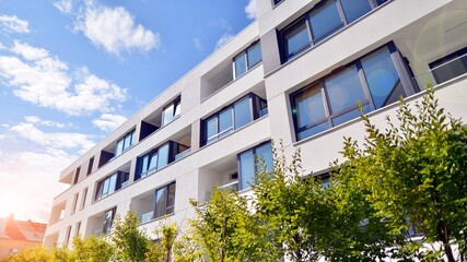 Eco apartment building saving energy and fresh air concept. European residential architecture...