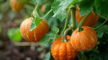 A close-up of pumpkins growing on the vine, with rich green leaves