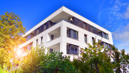 Eco apartment building saving energy and fresh air concept. European residential architecture...