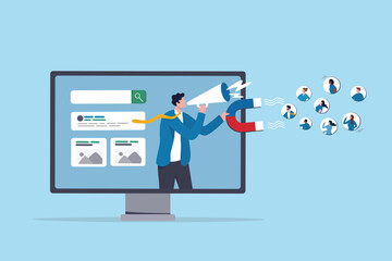 Lead generation, marketing campaign to attract client, customer or user to visit website, SEO strategy or traffic, online media advertising concept, marketing businessman draw customer to website.