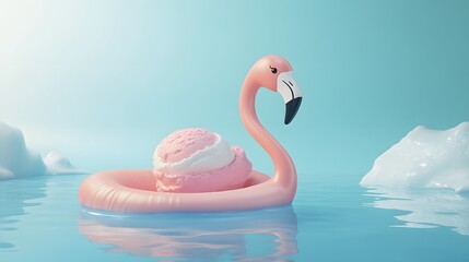 Flamingo float rotate around ice cream on pastel blue background. Seamless looped animation. Minimal summer concept. 3d rendering. 
