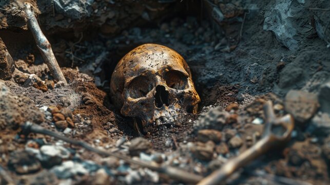 Archaeological site a skeleton with a skull was dug in the ground Historical forensics