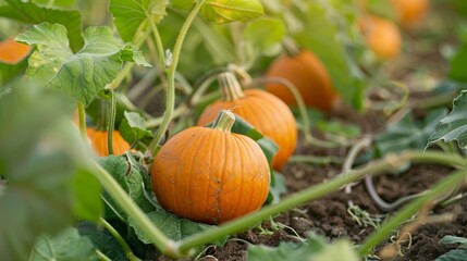 A close-up of pumpkins growing on the vine, with rich green leaves