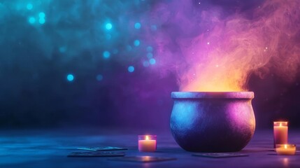 Magical cauldron bubbling with rainbow-colored potion, surrounded by ancient runes and candles, Halloween night under a starry sky