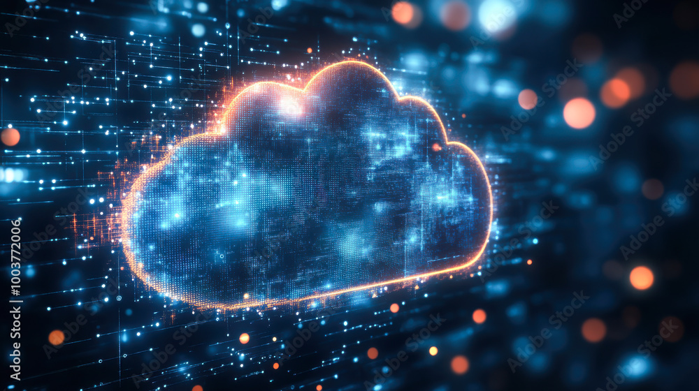 Poster cloud computing. the data transfer and storage concept has a cloud in the middle connected to a whit