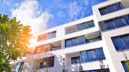 Eco apartment building saving energy and fresh air concept. European residential architecture...