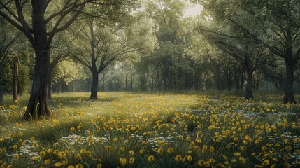 Spring cloudy morning A glade fragment in the park with the gagea blossoming in small yellow flowers