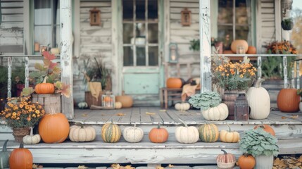 Fototapeta premium A rustic farmhouse porch decorated with pumpkins of various sizes and colors