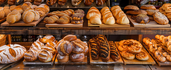 Variety of bread on old wooden board background. Local bakery display of fresh pastry products.
