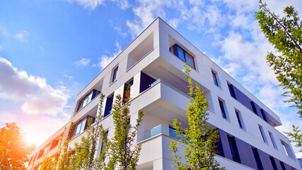 Eco apartment building saving energy and fresh air concept. European residential architecture...