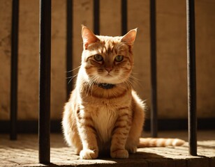 A cat sits behind metal bars, illuminated by a warm light bulb in the background, creating a cozy yet confined atmosphere. Ai generated image.