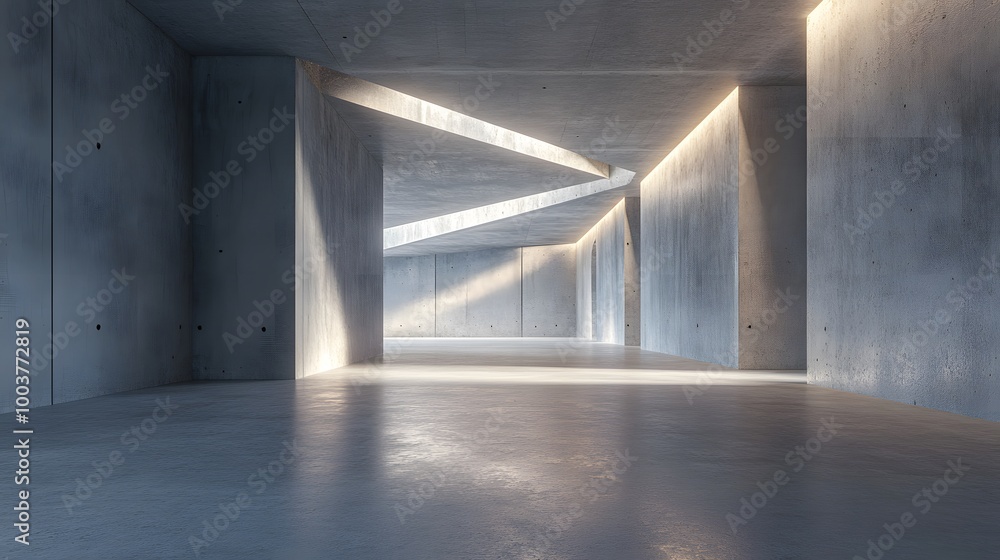 Poster abstract empty concrete interior, 3d render of pitched tunnel.