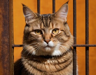 A cat sits behind metal bars, illuminated by a warm light bulb in the background, creating a cozy yet confined atmosphere. Ai generated image.