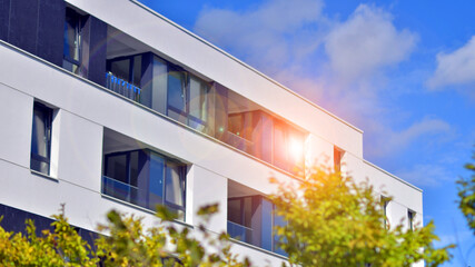 Eco apartment building saving energy and fresh air concept. European residential architecture...