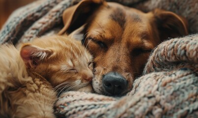 heartwarming close-up of a cute dog and cat sleeping together under a cozy blanket, showcasing their peaceful expressions in a shallow depth of field, evoking warmth