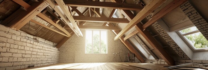 Fototapeta premium Crafted Interior: White Brick House with Wooden Attic Floor Joists
