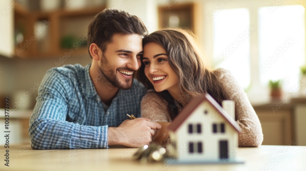 Poster A man and woman are sitting on a table with a house model in front of them