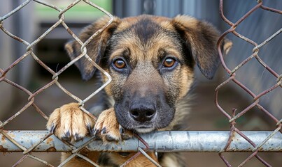 close-up portrait of a sad puppy with brown eyes looking through the fence at an animal shelter, capturing the heartwarming moment as he holds his paw on the fence, evoking feelings