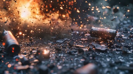Used missile battery fireworks with debris on the ground Barrage pyrotechnics used on New Years Eve celebration