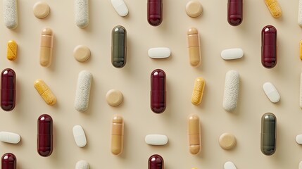Mix of medical capsules in lines on light beige top view Preventive medicine and healthcare dietary supplements and vitamins Assorted pharmaceutical medicine capsules