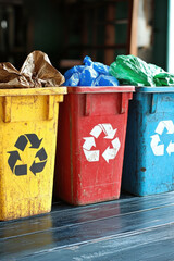 Container trash bin for recycling near grunge wall.